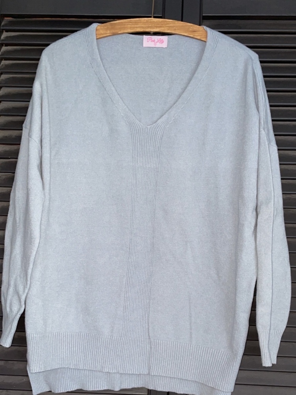 Pink Lily Soft Knit V-Neck Sweater | Lightweight Slouchy Pullover | Gray | Small